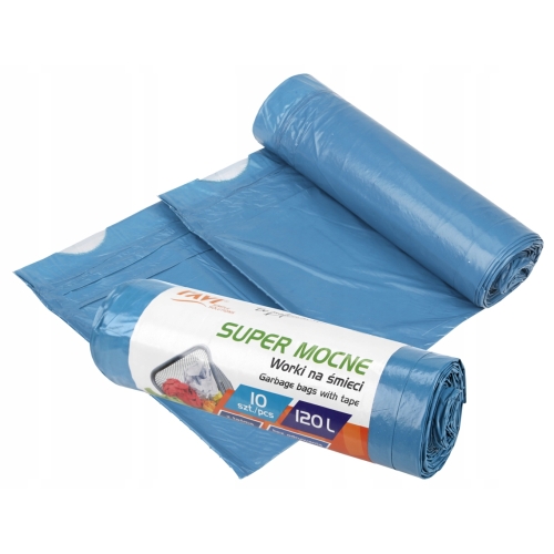 WORKI NA ŚMIECI SUPER MOCNE RAVI Z TAŚMĄ 120l 10szt LDPE niebieskie