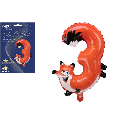 BALON FOLIOWY URODZINY PARTY CYFRA 3 TRÓJKA ANIMALS 39cm