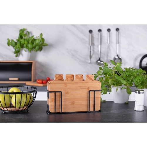 ZESTAW DESEK BAMBUSOWYCH NA STOJAKU 4 sztuki + stojak stalowy czarny 14575